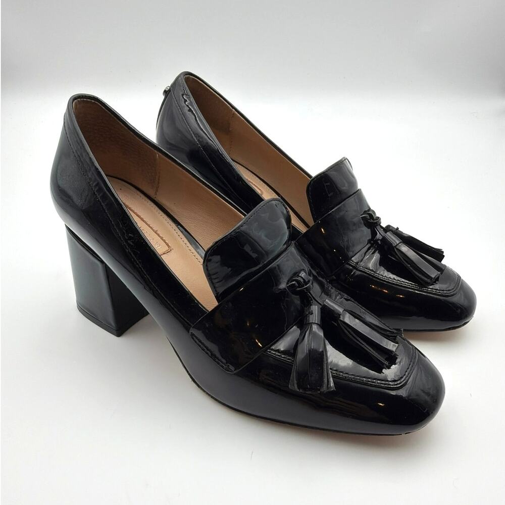 Antonio Melani Black Patent Leather Tassel Loafer Pumps Heels 7.5 Preppy Classic